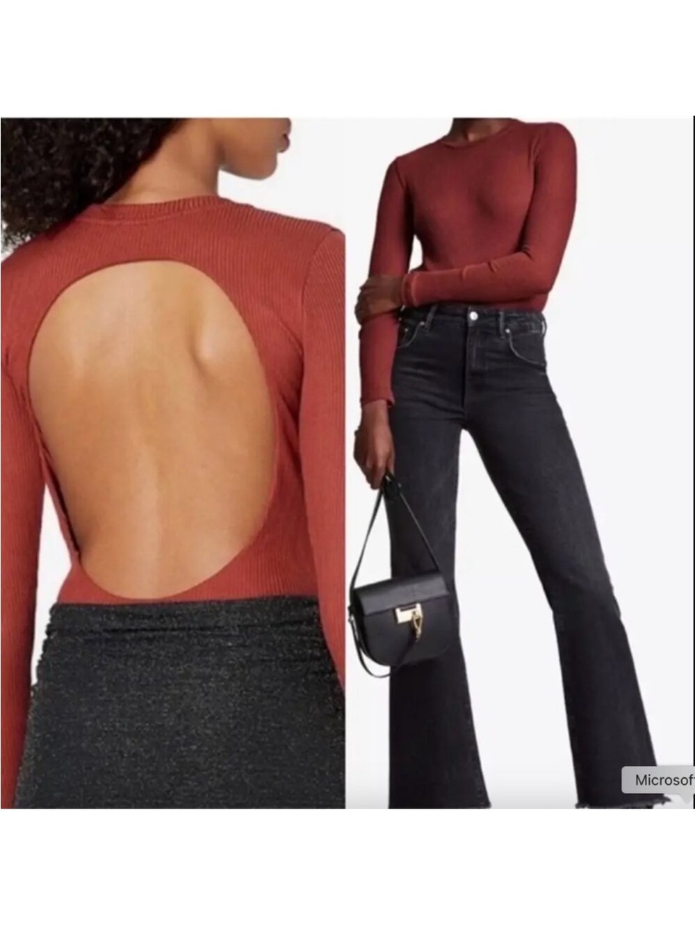 All Saints Molly LS Bodysuit Open-Back Ribbed Long-Sleeve Bodysuit in Berry Red